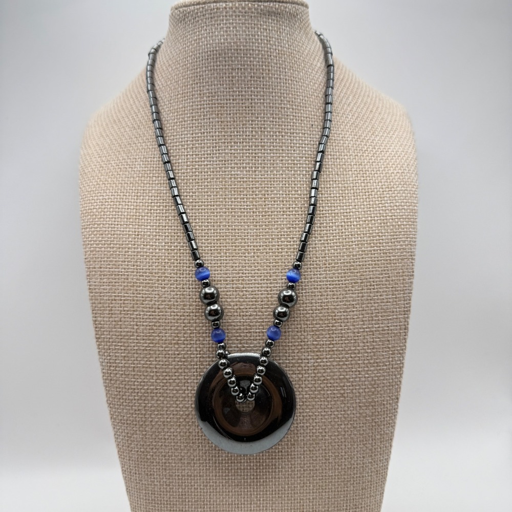 Hematite Moody Witchy Celestial Boho Beaded Circle Pendant Necklace OS Gray